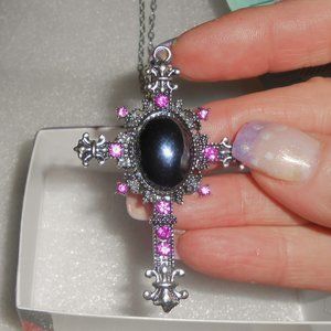 Cross Pendant Pink & Black Hematite Stones